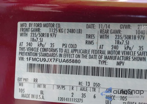 2015 Ford Escape Titanium z USA, uszkodzony, nr VIN 1FMCU9JX7FUA65880